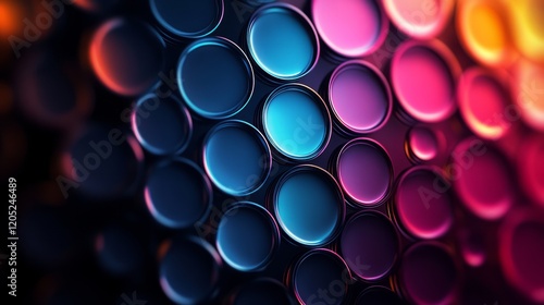Colorful gradient circles with reflective textures on a black glossy surface