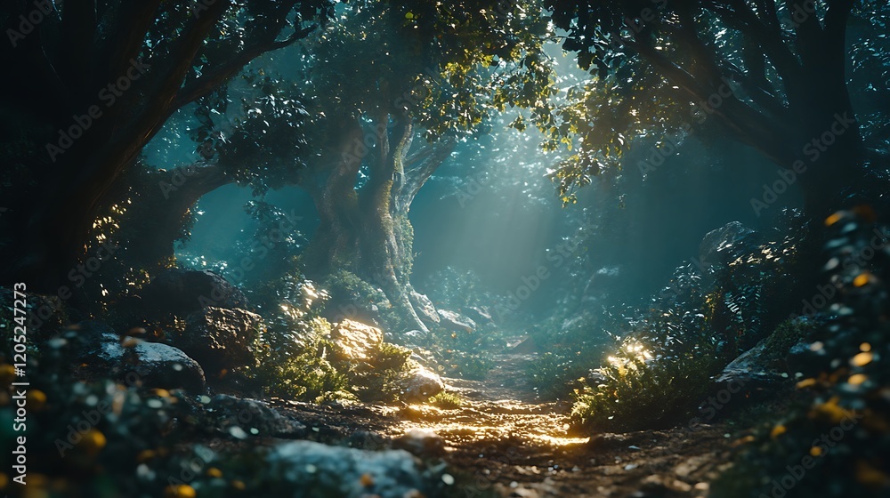 Obraz premium A Mystical Forest Path Bathed in Sunlight