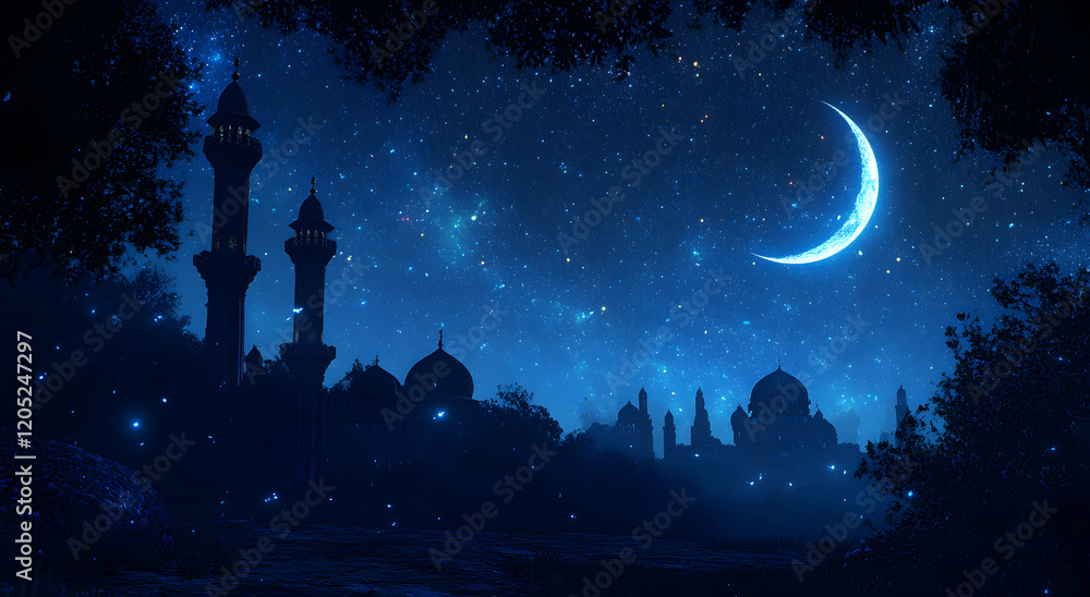 Fototapeta premium Night Sky Mosque Serenity: Starlit Crescent Moon over Majestic Silhouette