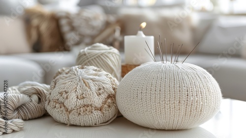 A pincushion adorned with intricate patterns of pins and a collection of knitting yarns in soothing shades rest harmoniously on a pristine white table