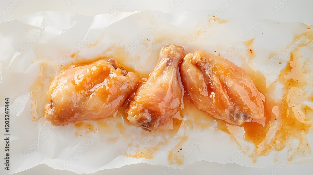 Uncooked chicken wings marinated on parchment paper with seasoning drizzle. Uncooked chicken wings marinated on parchment paper with seasoning drizzle.