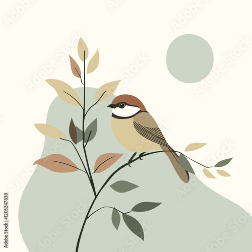 Sleek design of a bird sitting on a herb tree branch, Ayurveda, Ayurvadic