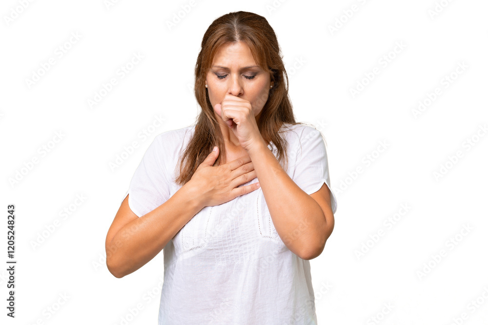 Middle-aged caucasian woman over isolated background coughing a lot Middle-aged caucasian woman over isolated background coughing a lot