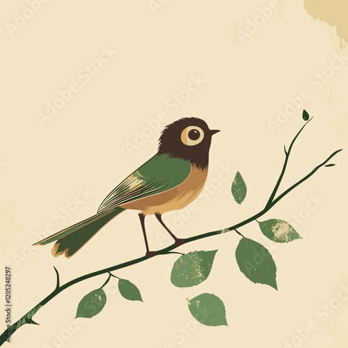Sleek design of a bird sitting on a herb tree branch, Ayurveda, Ayurvadic