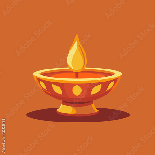 Flat depiction of a diya lamp, styled in golden and warm orange tones with clean shading.