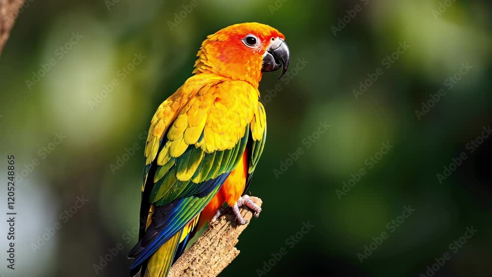 Colorful parrot perched on branch under sunlight surrounded by green foliage showcasing vibrant feathers and serene atmosphere Colorful parrot perched on branch under sunlight surrounded by green foliage showcasing vibrant feathers and serene atmosphere