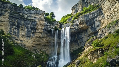 A majestic waterfall cascades down the side of an ancient mountain, surrounded by lush greenery and towering cliffs. 