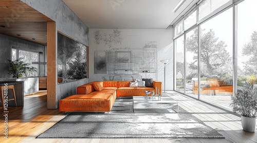 A mesmerizing image that transitions seamlessly from a vibrant color photograph to a finely detailed pencil drawing of a modern living room. Generative AI photo