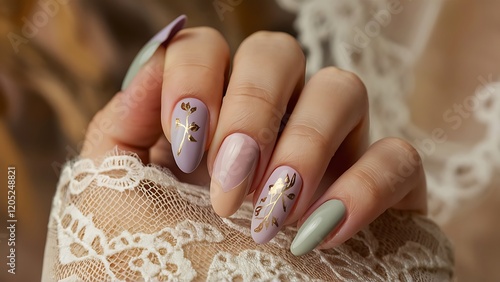 Elegant Acrylic Nails with Muted Pastels and Intricate Floral Patterns photo