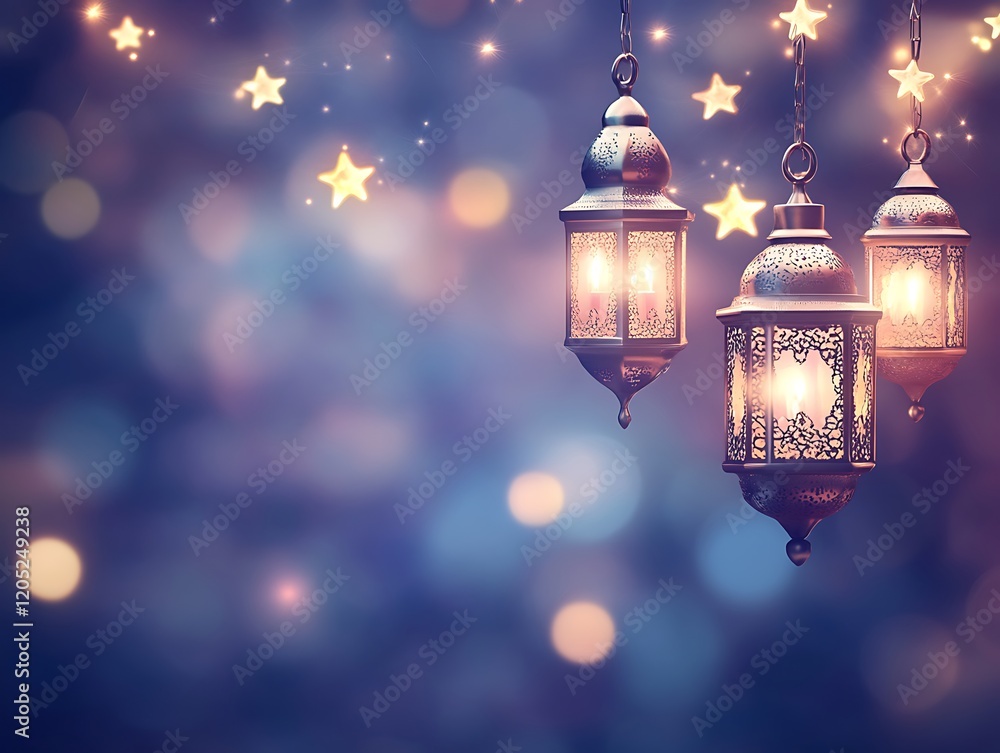Illuminated Festive Lanterns Hanging Against Starry Night Illuminated Festive Lanterns Hanging Against Starry Night
