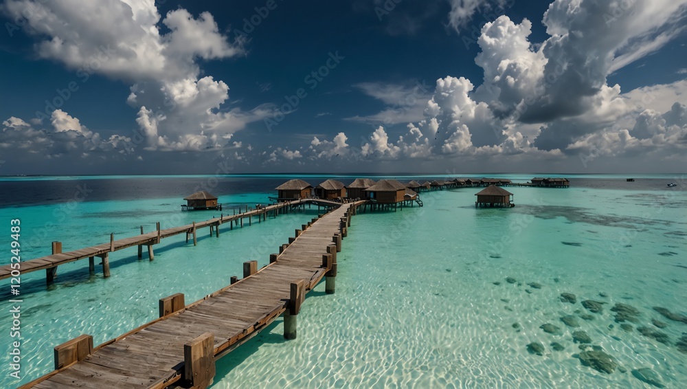 Fototapeta premium Beach in Maldives . Beach . A scenic image of an over-water resort with a long wooden pier. The blue ocean and cloudy sky enhance the tropical destination’s beauty.