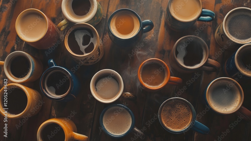 Overhead image of multiple mugs and cups of coffee Overhead image of multiple mugs and cups of coffee