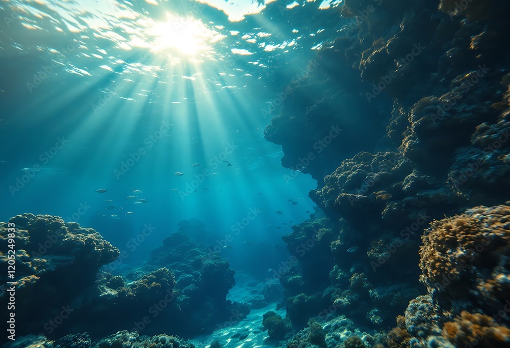 Fototapeta premium Stunning Underwater Coral Reef Scene Sunlight Rays Ocean