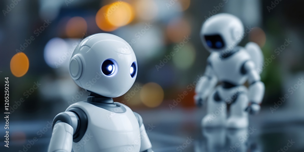 Friendly Robots in City Night Setting Ai Technology Image Friendly Robots in City Night Setting Ai Technology Image