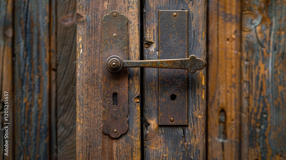 A rustic bronze door handle adds a touch of vintage charm to a wooden door, enhancing the rustic elegance and natural beauty of the room's decor.