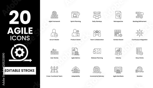Agile workflow icon set. Agile framework, sprint planning, daily standup, retrospective, backlog refinement, and tools for effective project management. Vector icon set.