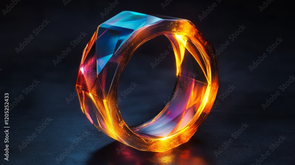 Isolated iridescent geometric ring glowing on a deep black surfaced Isolated iridescent geometric ring glowing on a deep black surfaced