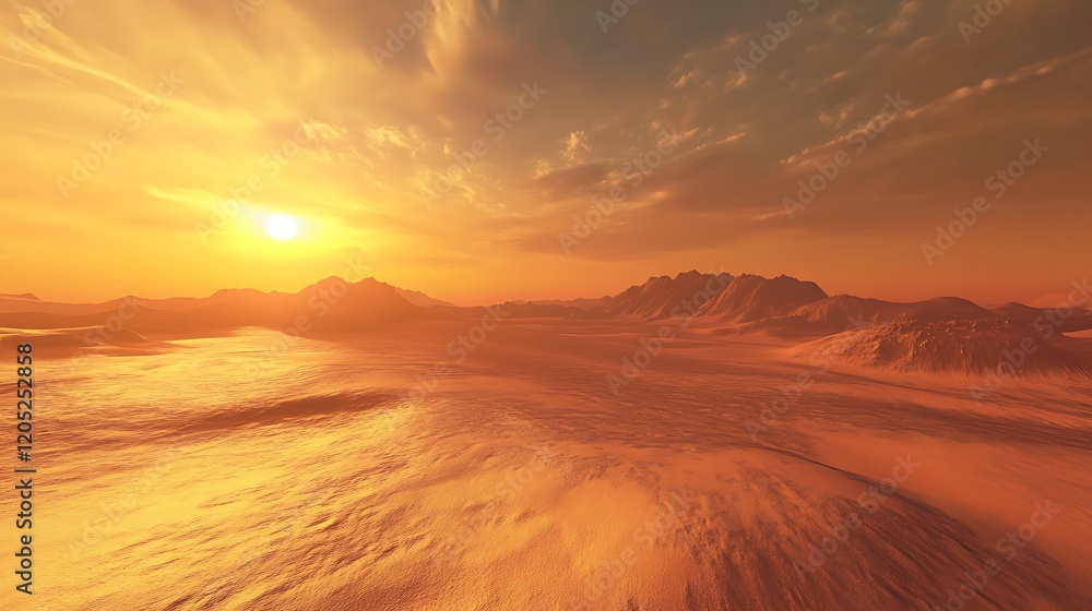 Fototapeta premium Golden desert sands glowing with warm tones under a vivid sunset sky