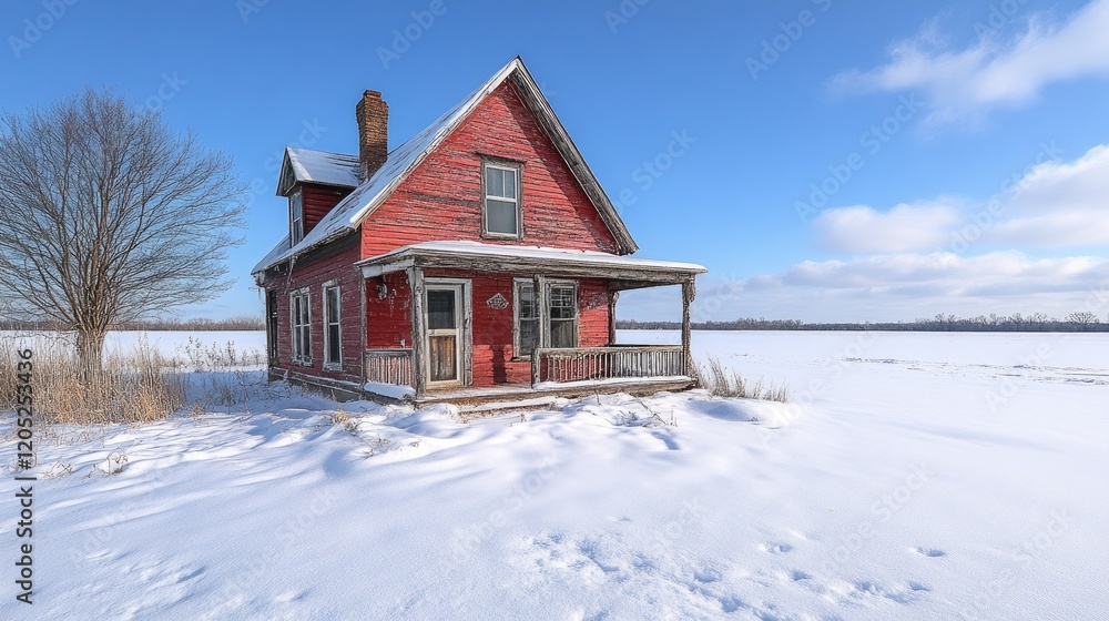 Abandoned red farmhouse in a snowy landscape with a clear blue sky and distant frozen lake Abandoned red farmhouse in a snowy landscape with a clear blue sky and distant frozen lake