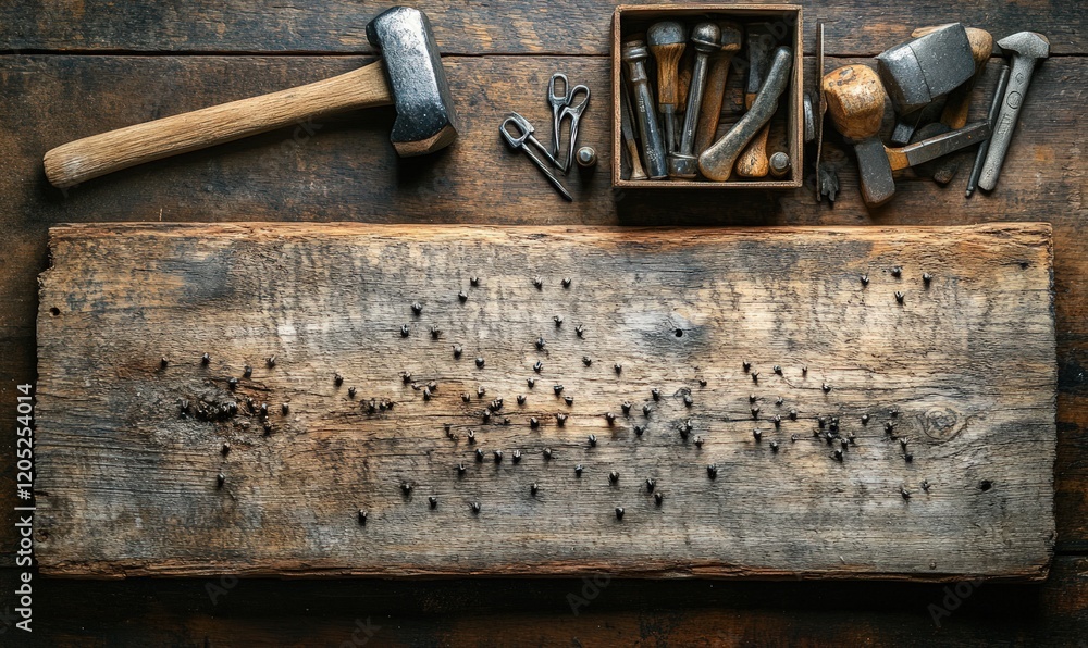 Rustic woodworking tools, nails, wooden board. Rustic woodworking tools, nails, wooden board.