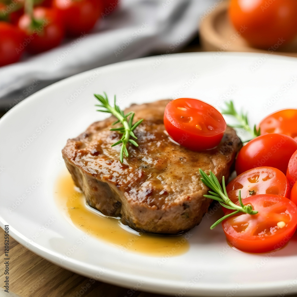 Juicy pork steak with rosemary and tomatoes on a white plate Juicy pork steak with rosemary and tomatoes on a white plate