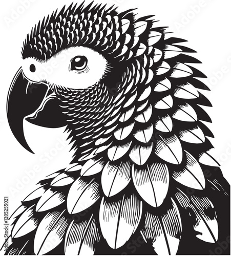Black Color African Grey Parrot Silhouette Vector Illustration, Solid White Background. minimal vector design