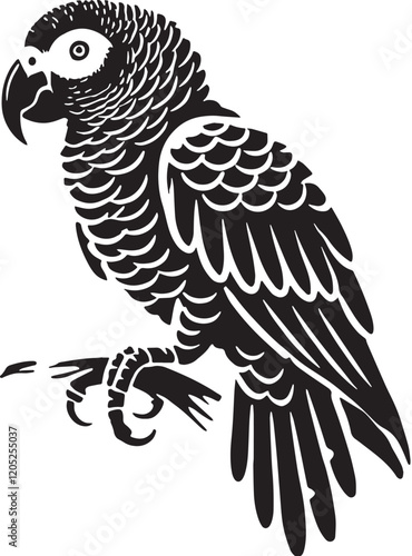 Black Color African Grey Parrot Silhouette Vector Illustration, Solid White Background. minimal vector design
