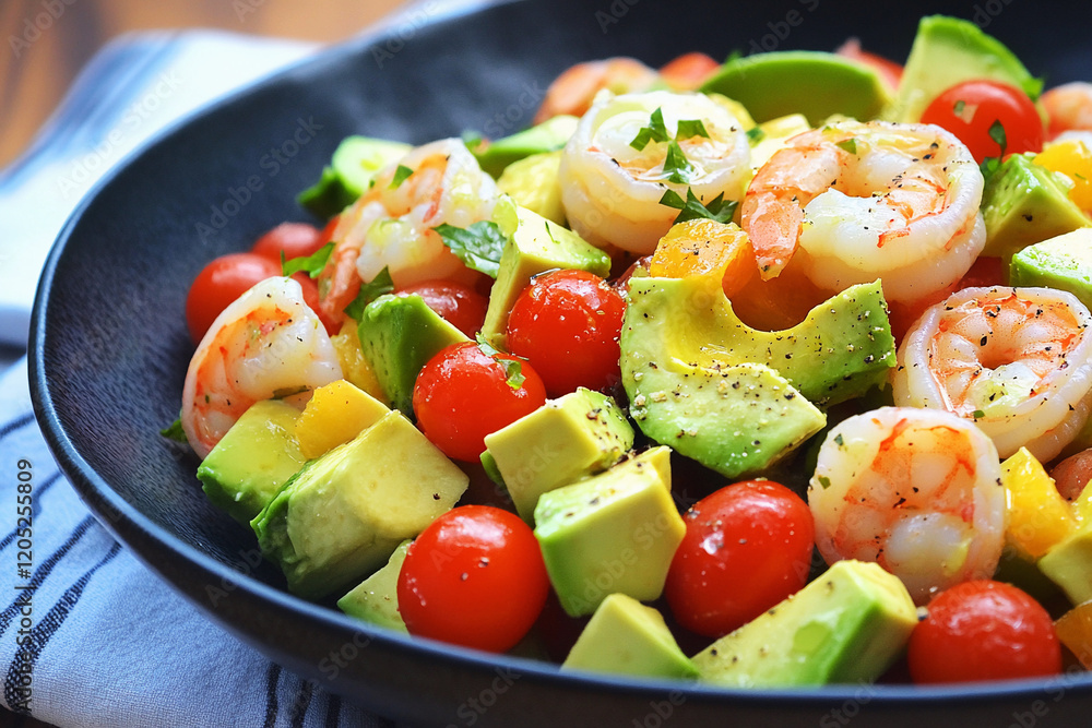Vibrant shrimp and avocado salad showcasing fresh ingredients and colorful presentation Vibrant shrimp and avocado salad showcasing fresh ingredients and colorful presentation