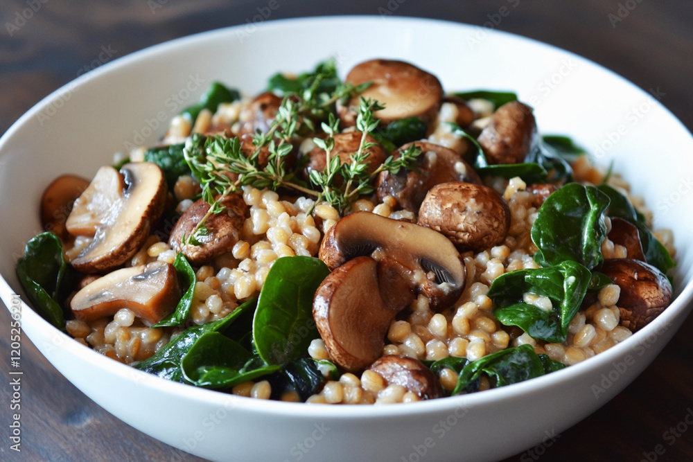 Warm barley and mushroom salad with wilted greens garnished with fresh herbs for a hearty meal Warm barley and mushroom salad with wilted greens garnished with fresh herbs for a hearty meal