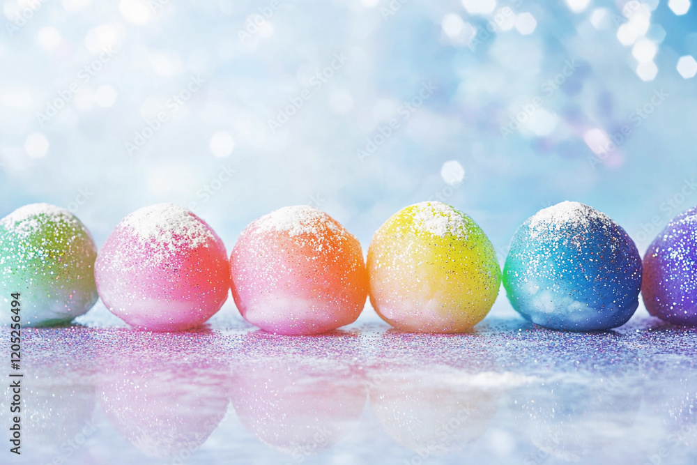 Colorful rainbow mochi balls arranged elegantly on a reflective surface in a whimsical setting with sparkles Colorful rainbow mochi balls arranged elegantly on a reflective surface in a whimsical setting with sparkles