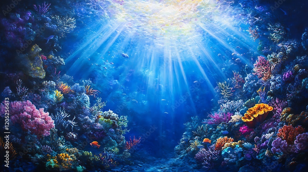 Underwater Scene with Sunbeams Illuminating Vibrant Coral Reef and Fish Underwater Scene with Sunbeams Illuminating Vibrant Coral Reef and Fish