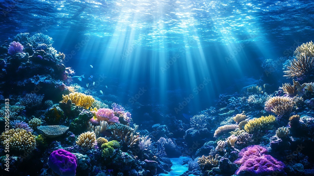 Obraz premium Underwater Scene with Sunbeams Illuminating Vibrant Coral Reef