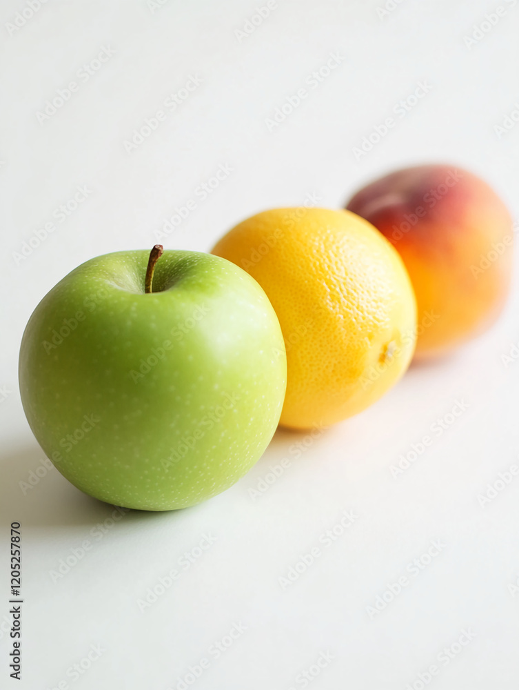 Fresh green apple, lemon, and peach arranged on a light background for a vibrant, healthy display Fresh green apple, lemon, and peach arranged on a light background for a vibrant, healthy display