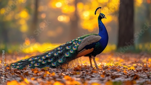 Majestic peacock displaying vibrant plumage in a serene autumn forest with colorful foliage