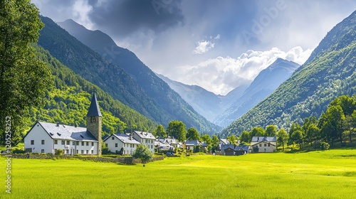 Wallpaper Mural Mountain village valley sunlit meadow scenic postcard Torontodigital.ca