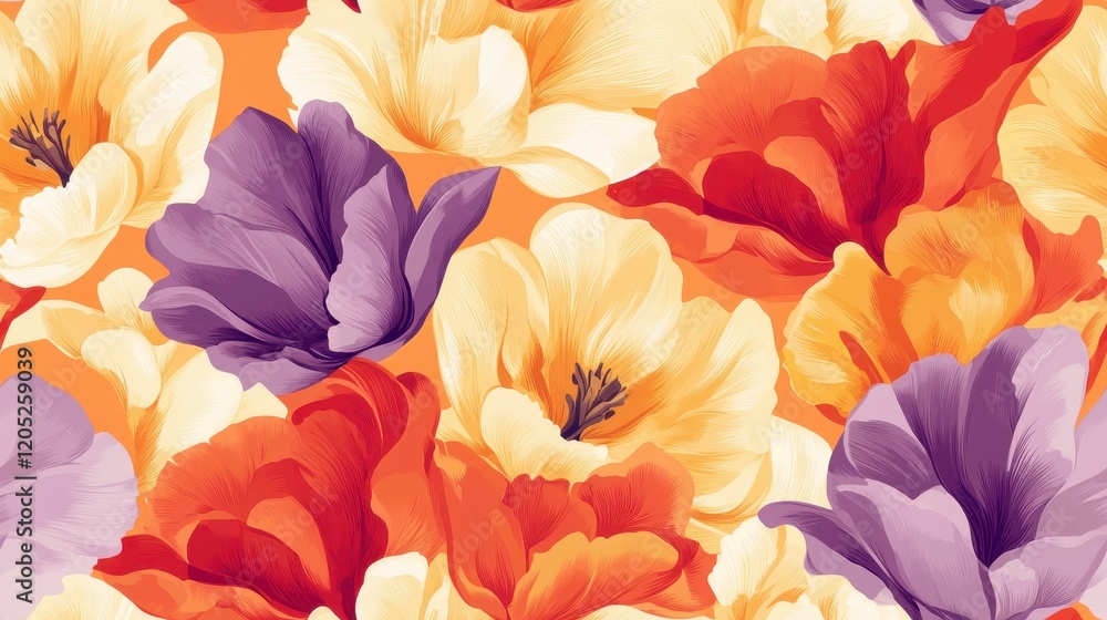 Vibrant Tulip Pattern, an intricate design featuring a blend of yellow, red, and purple tulips creating a harmonious floral tapestry. Vibrant Tulip Pattern, an intricate design featuring a blend of yellow, red, and purple tulips creating a harmonious floral tapestry.