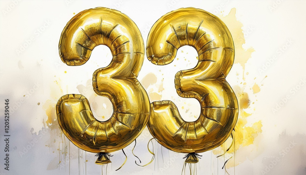 Obraz premium Gold birthday / anniversary party balloon, number 33, watercolor painting with white background