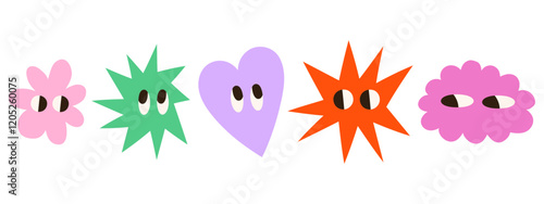 Comic abstract shapes with eyes vector illustrations set. Groovy colorful geometric characters design