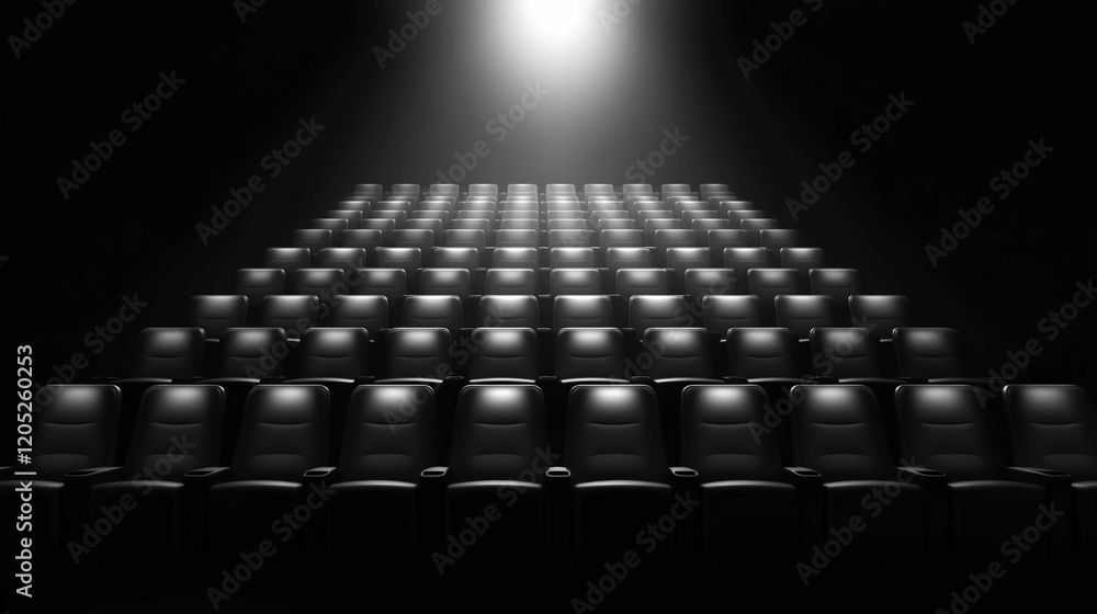 Obraz premium Empty movie theater with spotlight casting a solitary beam on the stage, symbolizing the power of imagination and the potential for new beginnings in a quiet, reflective space.