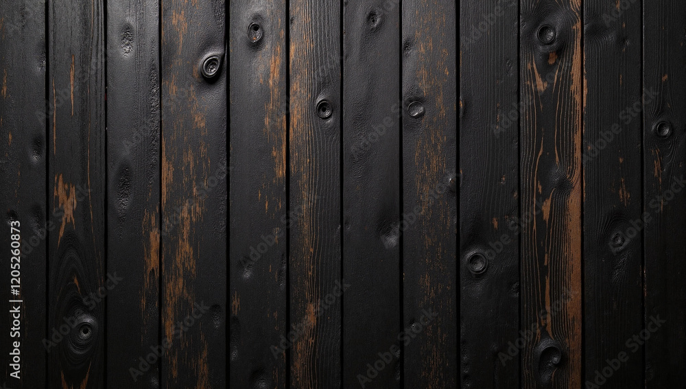 Rustic black wooden planks with weathered texture and knots
Rustic black wooden planks with weathered texture and knots
