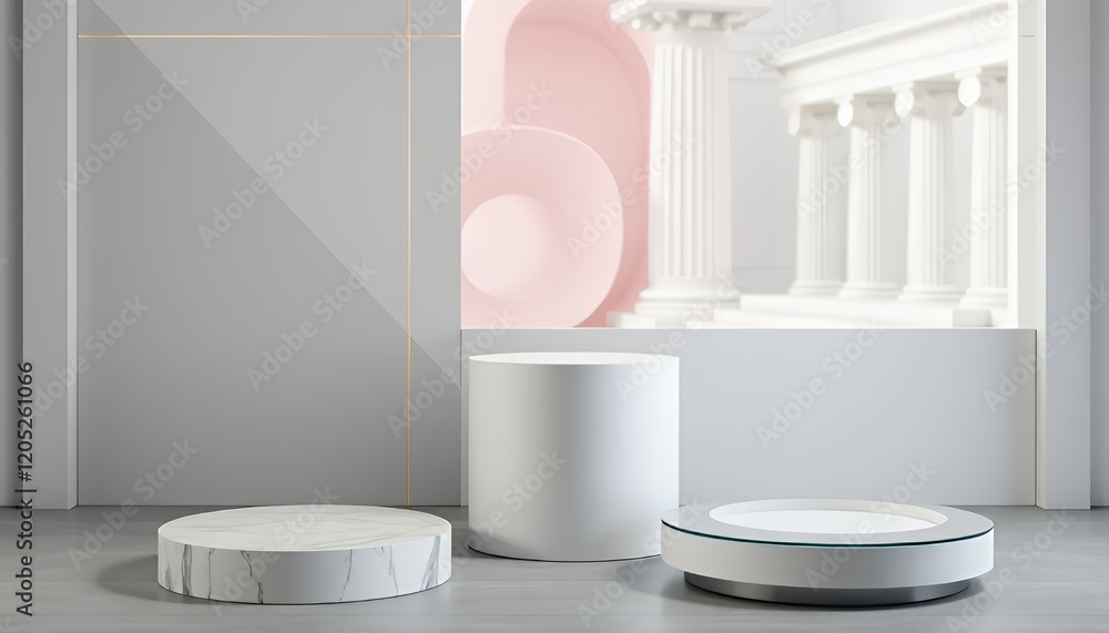 Elegant Minimalist Podium Display with Marble and Geometric Elements Against Modern Architectural Background for Product Promotion and Branding Elegant Minimalist Podium Display with Marble and Geometric Elements Against Modern Architectural Background for Product Promotion and Branding