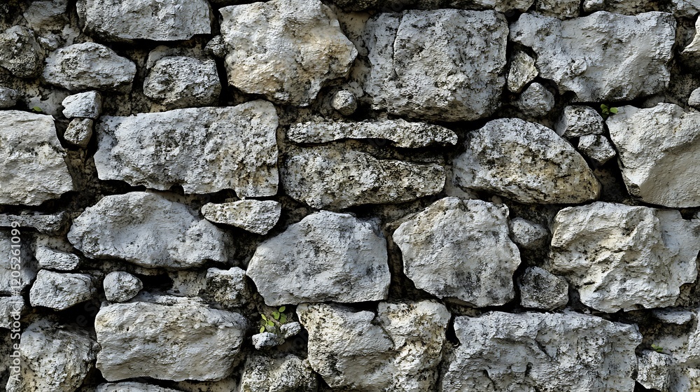 A close-up view of a weathered stone wall with small plants growing in the crevices. A close-up view of a weathered stone wall with small plants growing in the crevices.