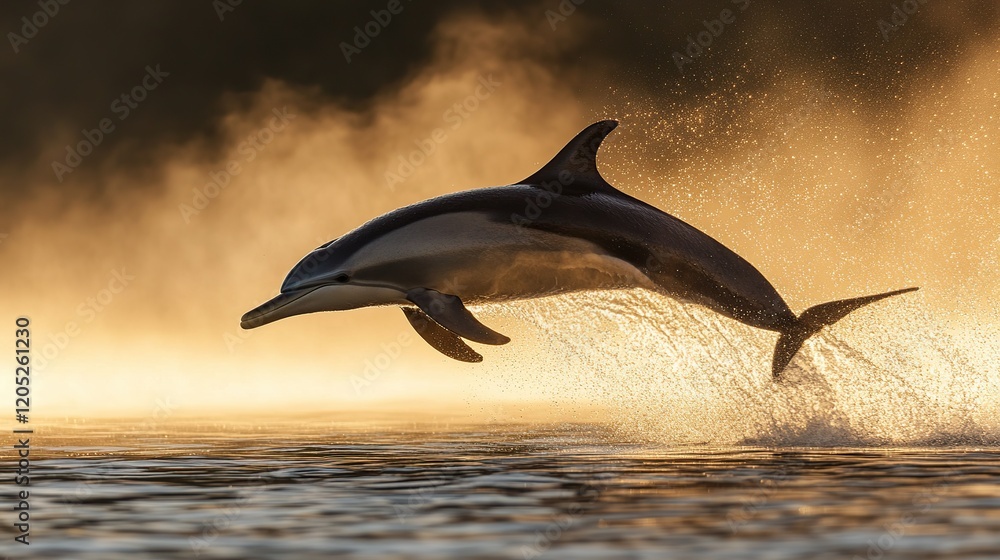 Fototapeta premium Dolphin leaping at sunset, water splashing.