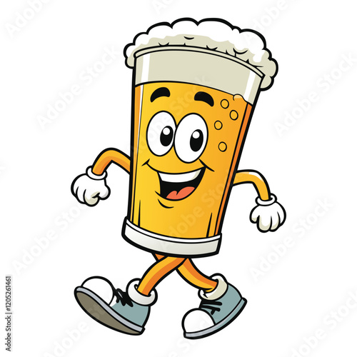 Walking cartoon glass of beer vector illustration.