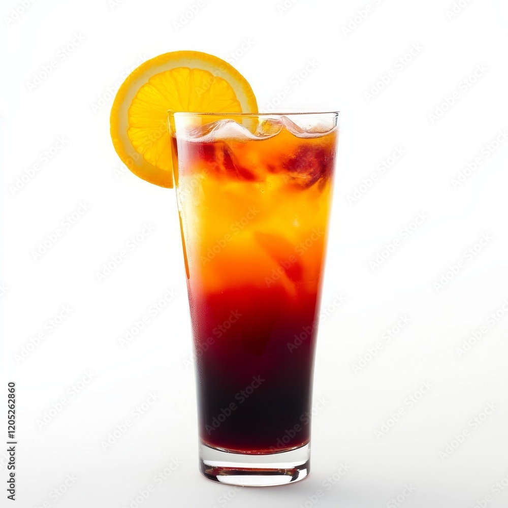 A festive tequila sunrise with grenadine and orange slice, presented against an isolated white background, abstract art style A festive tequila sunrise with grenadine and orange slice, presented against an isolated white background, abstract art style