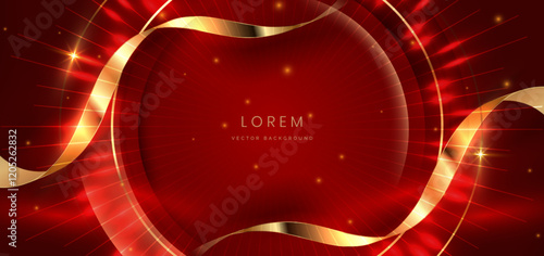 Luxury red background with gold ribbon and lighting effect.