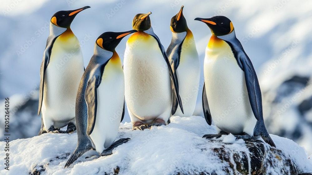 Fototapeta premium Penguins nesting on Antarctica coastline. Sea birds colony stand together on top of snow covered hill rock. Polar wildlife penguins behaviors in cold environment. Antarctica travel and exploration