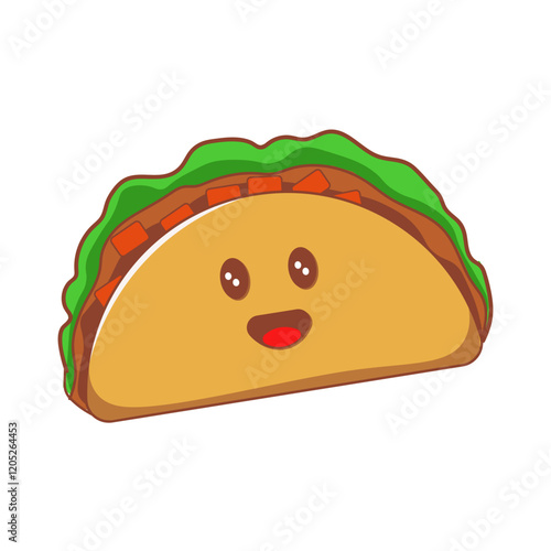 Taco with a cheerful expression, showcasing fresh ingredients. Great for foodrelated designs such as menus, posters, or social media with kawaii style photo