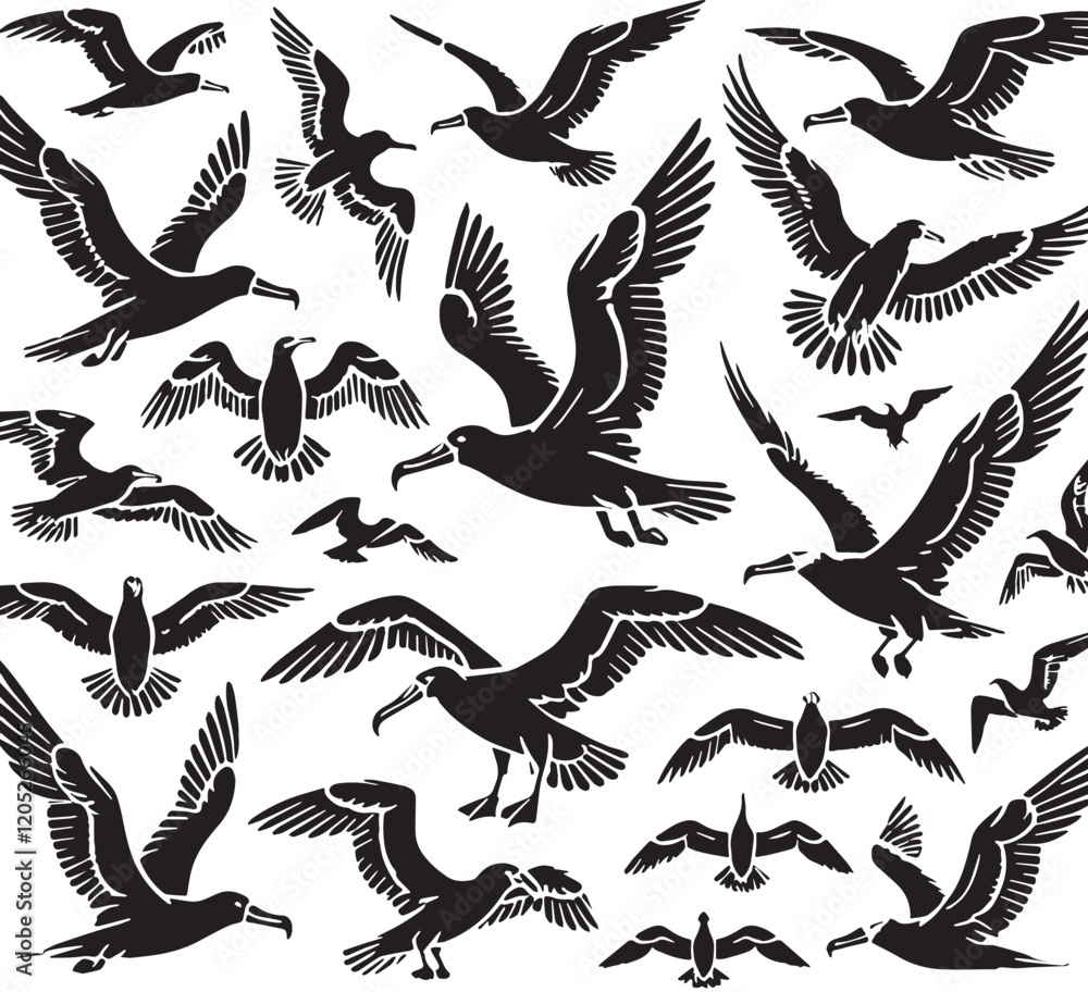Fototapeta premium Black Color Albatross Silhouette Vector Illustration, Solid White Background. minimal vector design