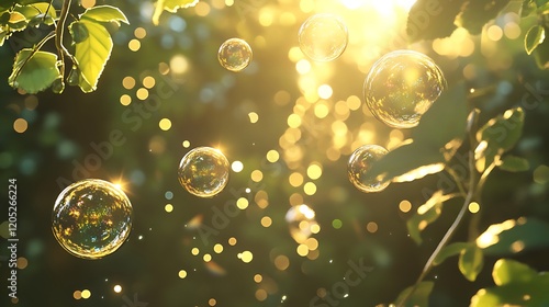 A serene forest scene with glowing bubbles drifting among sunlit leaves and shimmering sparkles